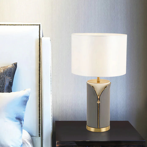 Faux Leather Table Lamp with Gray Base and White Shade