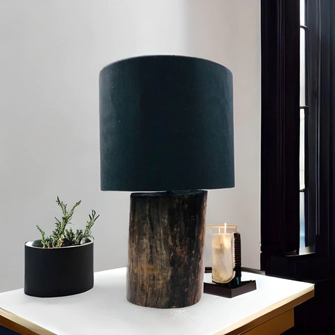 Burned Wood Base Table Lamp with Black Shade