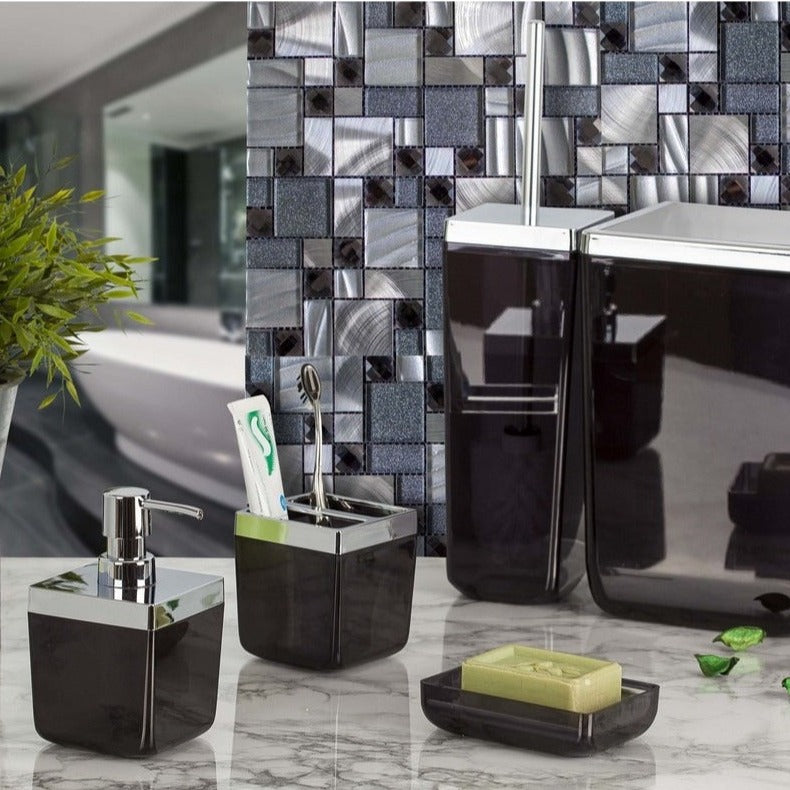 Anka Greek Key Black & Silver Bathroom Accessory Set, Luxury Bath Set