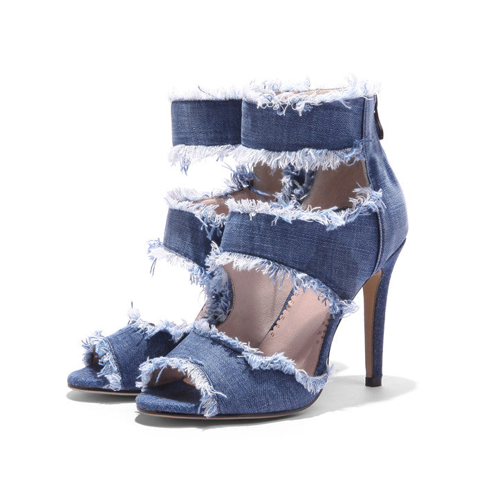 denim peep toe heels