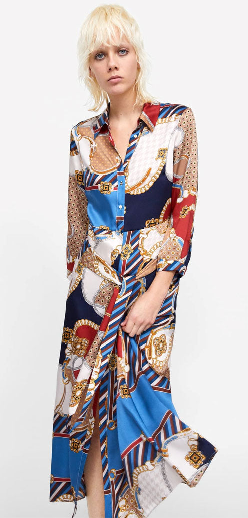 Zara’s chain print button through dress