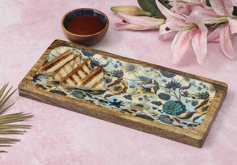 Floral Blue Wooden Platter with Wooden Dip Bowl