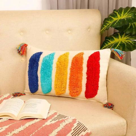 Tufted Cushion Cover, Curve Bars, Rainbow