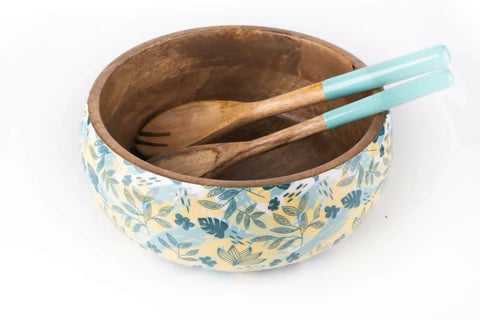 Salad Bowl + Server Set Wooden Tropical Green