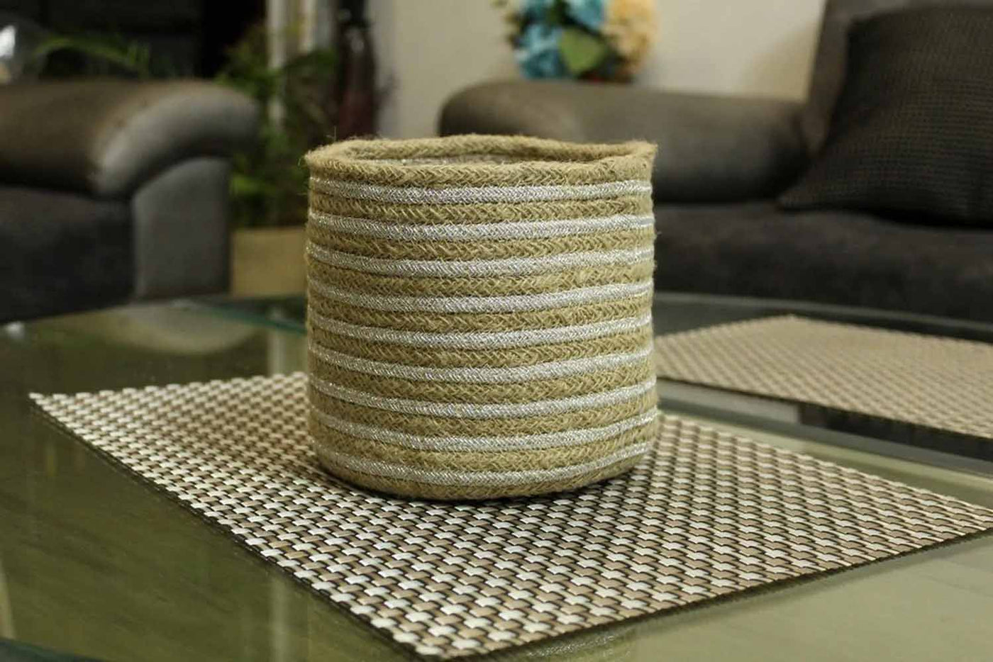 Beautiful Jute Lurex Beige and Silver Color Basket on Table By Party Stuff