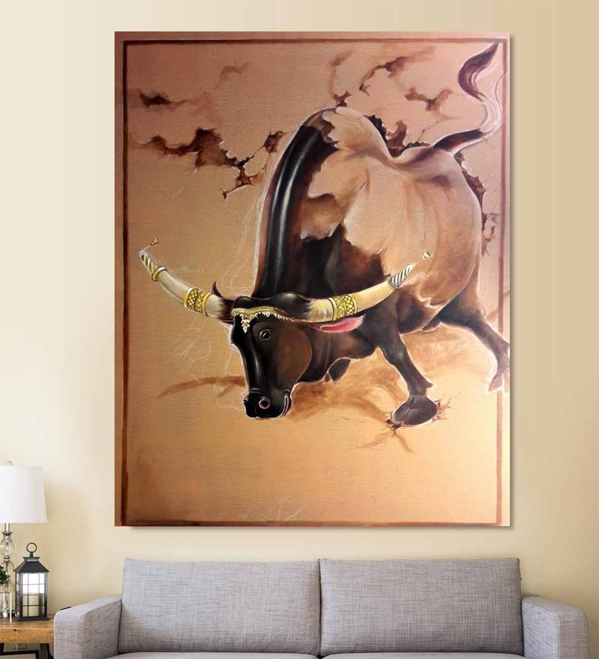 Bull in its Glory Digital Art Painting by Swapan Das Hanging on the Wall above the Sofa