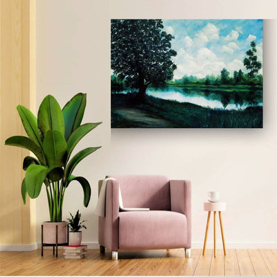 Serene Evening Mood Painting by Seby Augustine Hanging on the Wall above the Sofa