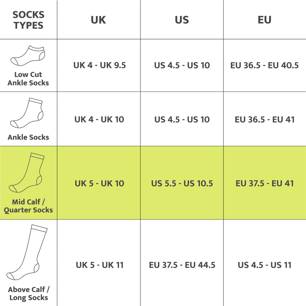 Quarter socks size chart