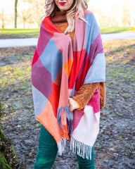Colourful blanket scarf on model - Spoonie Clothing at Euphoria Boutique