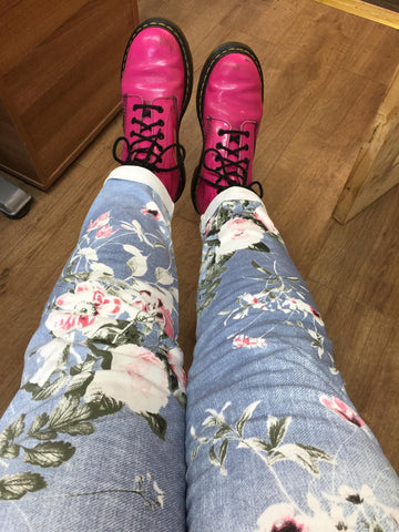 Colourful Elasticated Trousers with pink boots at Chronic Illness Clothing for Euphoria Boutique