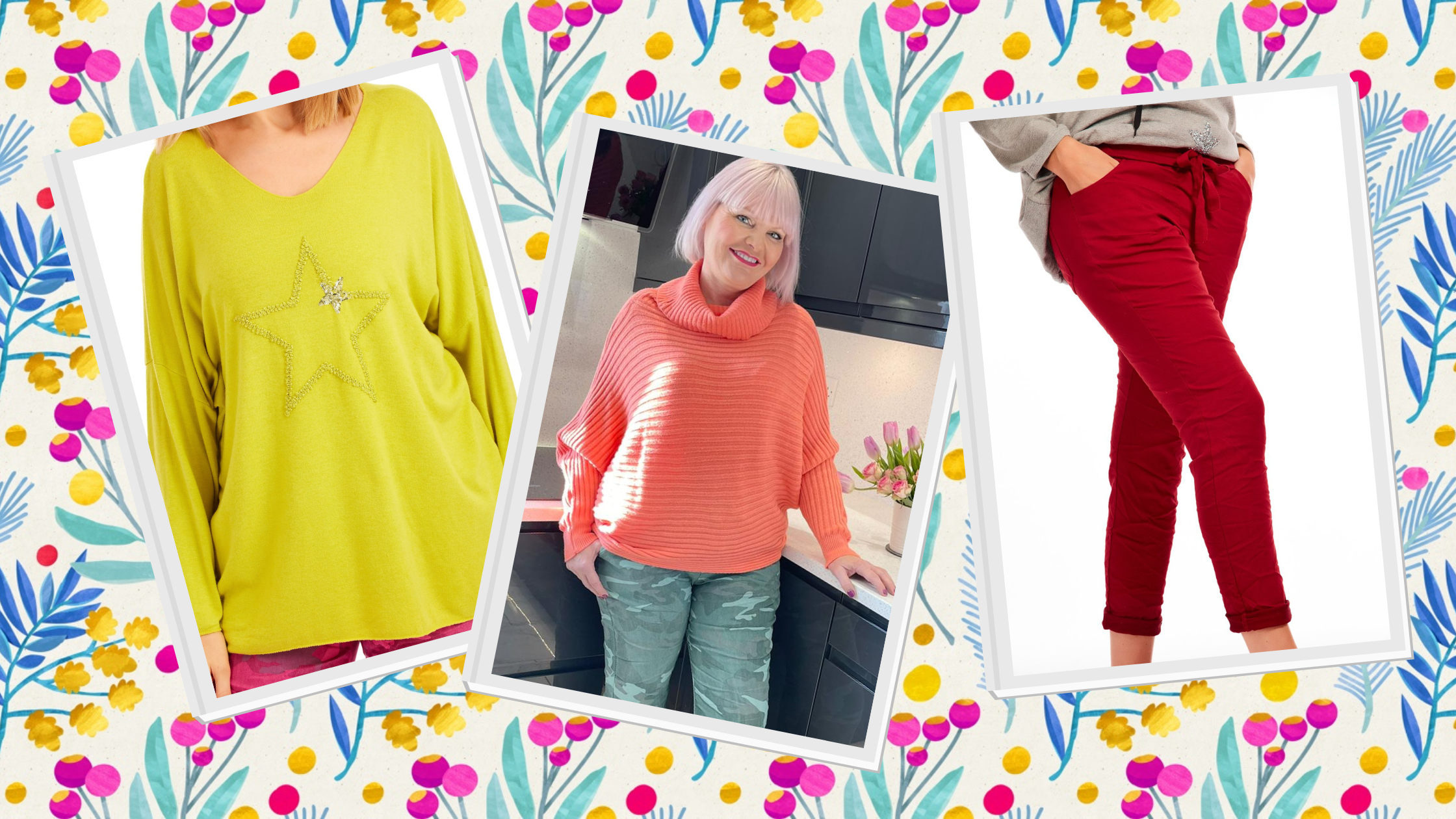 Three items of warm colourful clothing at Euphoria Boutique