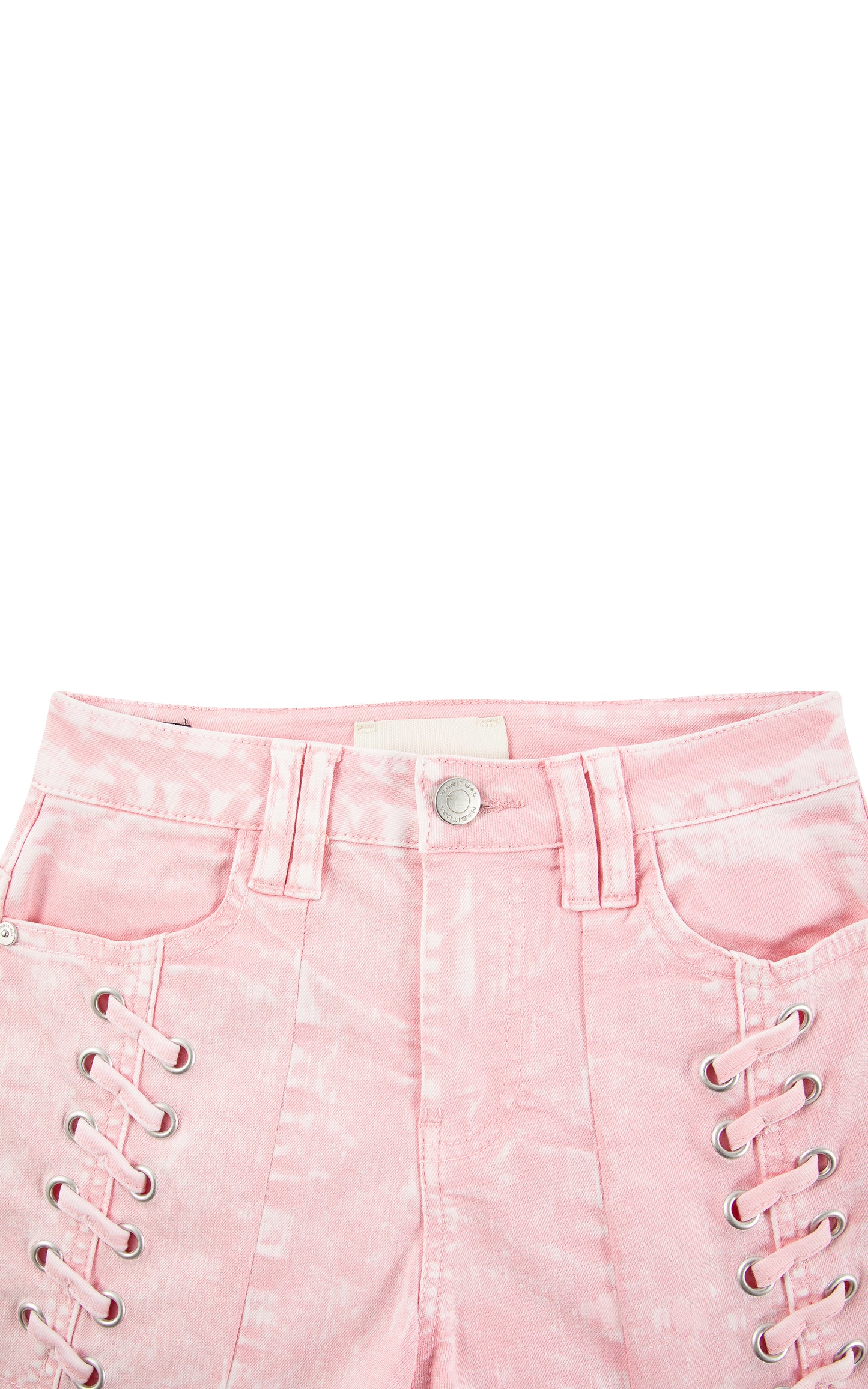 Close up of pink denim lace front shorts