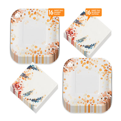 Fall Party Supplies - Sweet Fall Muted Floral & Matte Gold Paper Dessert Plates and Napkins (Serves 16)