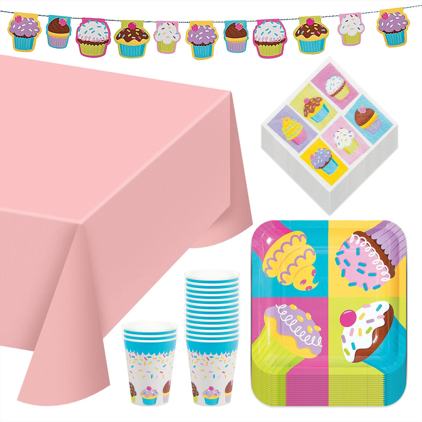 Cupcake Dinner Party Pack - Paper Plates, Lunch Napkins, Cups, Table Cover, and Garland Set (Serves 16)