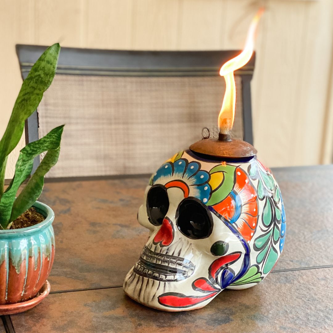 Talavera-Style Sugar Skull Oil Lamps