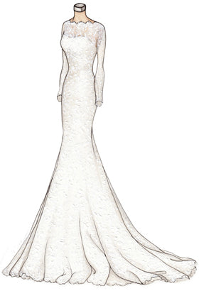 Illustration of Lace Top Scalloped Jewel Neckline Floor length A line Wedding Dress