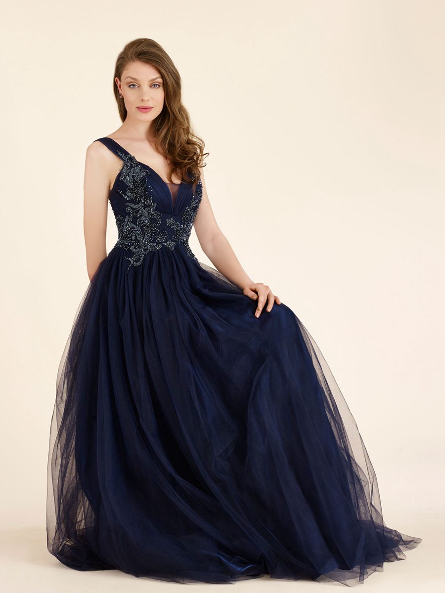 Elegant A-Line Beaded Long Navy Tulle Mother of The Bride Dresses – Angrila