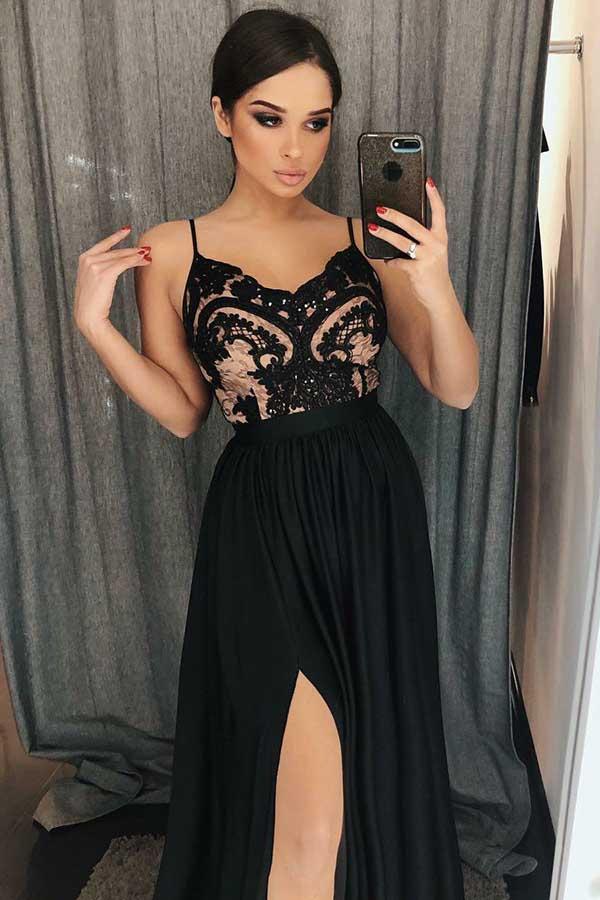 Sexy Black V-Neck Lace Evening Gowns – Angrila