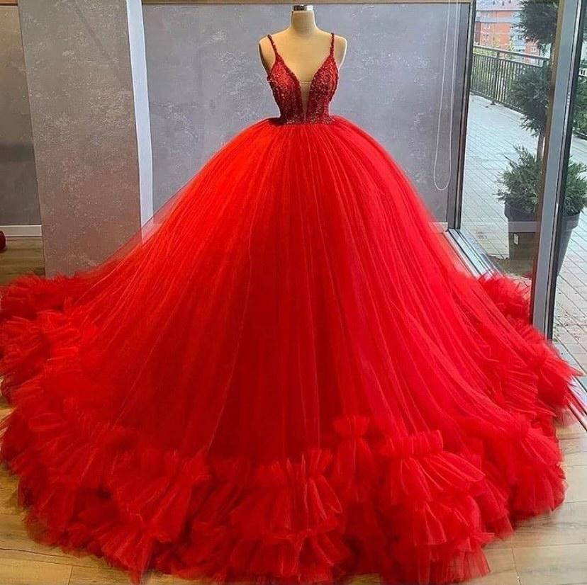 A-line V-neck Spaghetti Straps Tulle Gorgeous Ball Prom Dresses With B ...