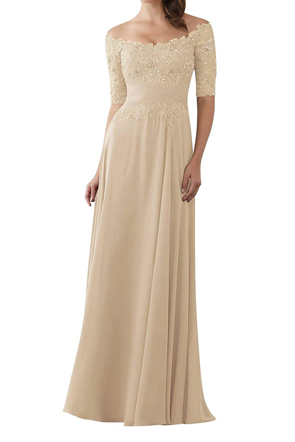 Mother of The Bride Gowns with Sleeves Lace Long Chiffon Beaded – Angrila