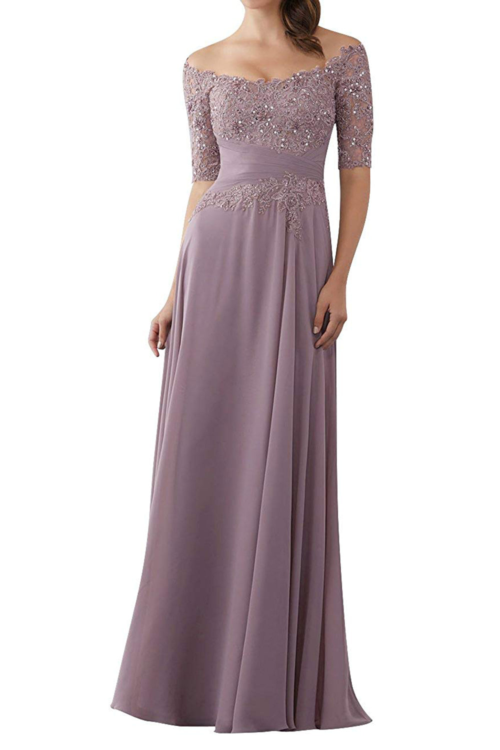 Mother Of The Bride Gowns With Sleeves Lace Long Chiffon Beaded – Angrila