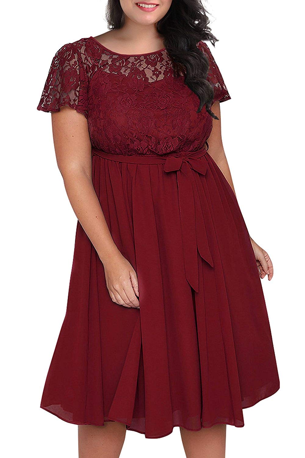 V neck lace and chiffon wedding guest dress