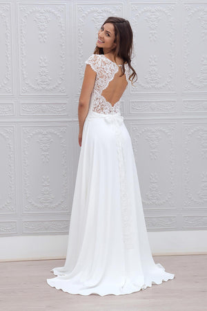 Empire Sweep Train Lace Wedding Dress with Long Sleeves – Angrila