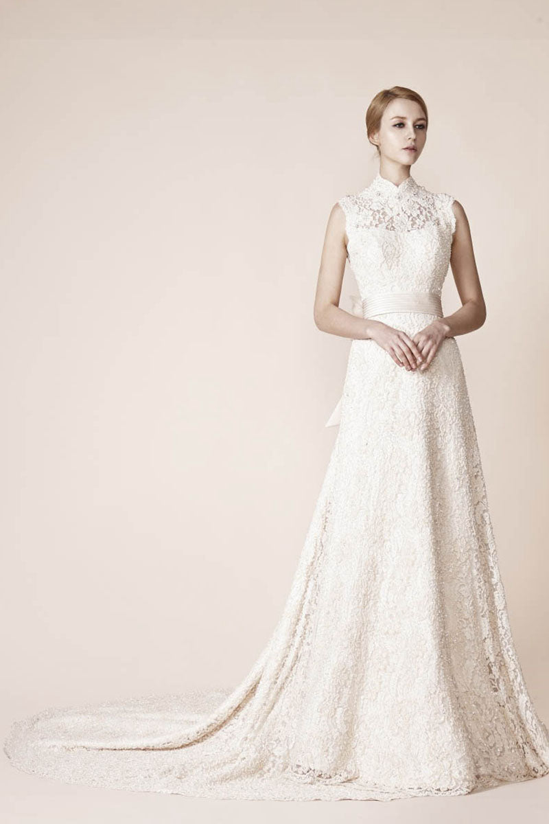 Sleeveless High Neck Lace Wedding Dress