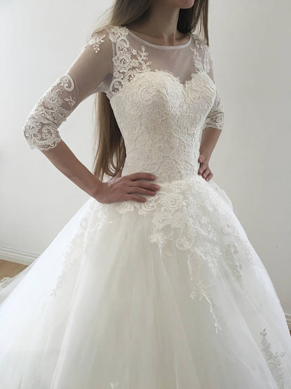 Ball Gown 34 Sleeves Lace Appliques Lace Up Long Wedding Dresses With Angrila 6677