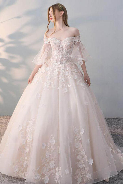 Tulle Lace Applique Ball Gown Wedding Dress Angrila 