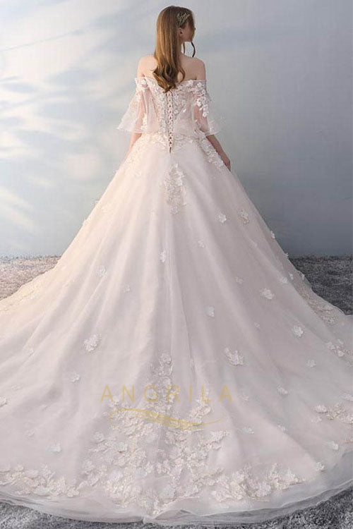 Tulle Lace Applique Ball Gown Wedding Dress Angrila 1626
