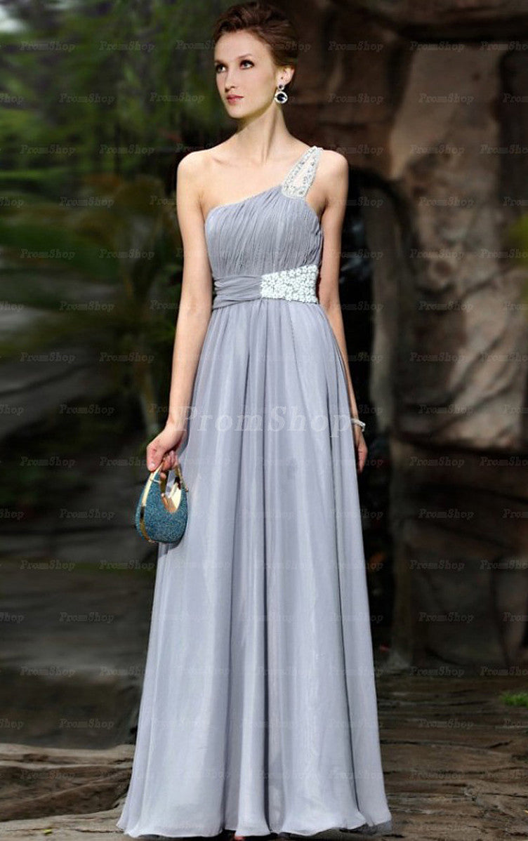 A-Line One-Shoulder Floor-Length Chiffon Prom Dresses With Beading Seq ...