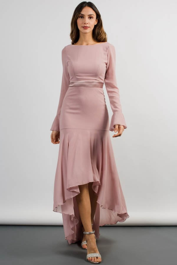 elegant-high-low-bateau-neckline-wedding-guest-dress-with-long-sleeves