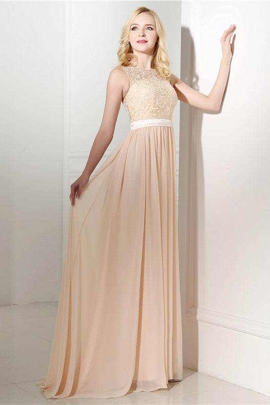 Princess Sleeveless Lace Top Long Chiffon Sweep Train Bridesmaid Dress Angrila 