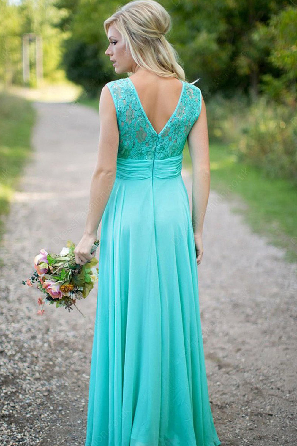 A-line Sleeveless Lace Top with Beading V-back Long Chiffon Bridesmaid ...