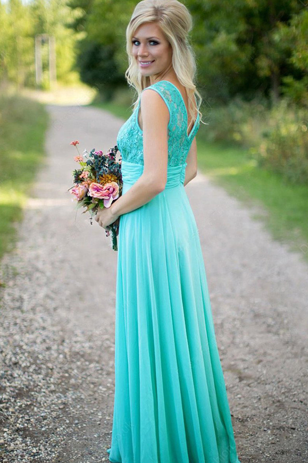 A-line Sleeveless Lace Top with Beading V-back Long Chiffon Bridesmaid ...