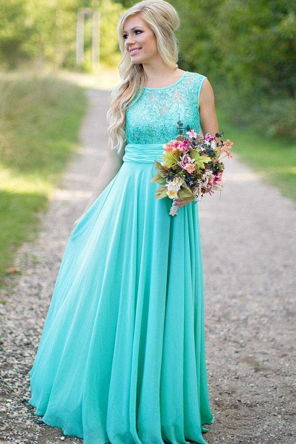 A-line Sleeveless Lace Top with Beading V-back Long Chiffon Bridesmaid ...