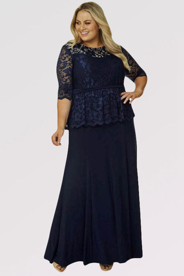 Sheath/Column Scoop Neck Lace Plus Size Prom Dress with 1/2 Sleeves ...