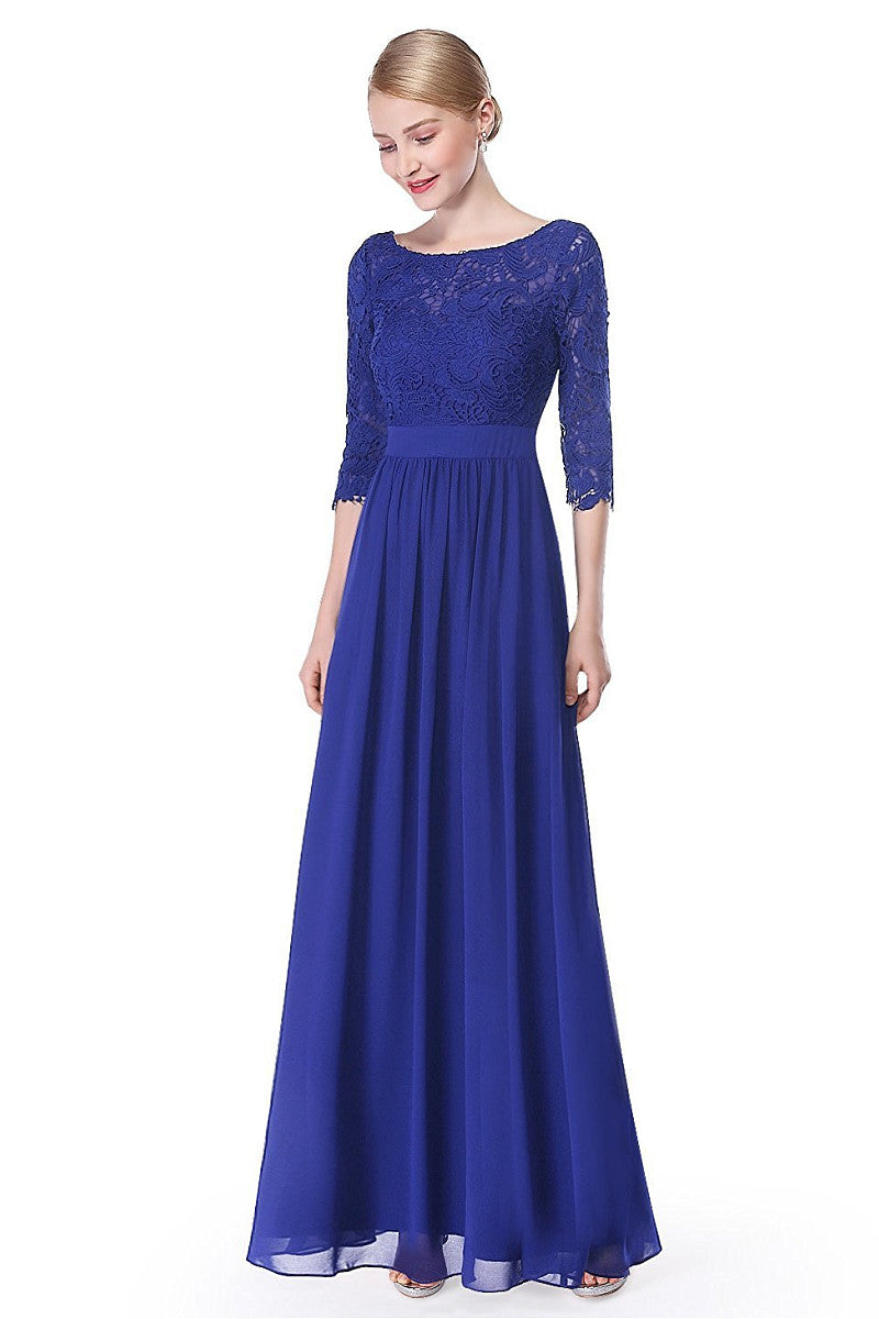 A-line/Princess 3/4 Sleeves V-back Lace Chiffon Long Bridesmaid Dresse ...