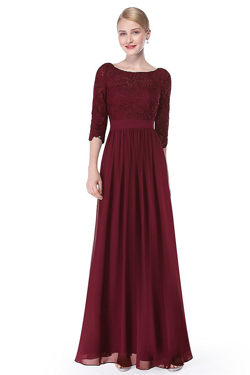 A-line/Princess 3/4 Sleeves V-back Lace Chiffon Long Bridesmaid Dresse ...