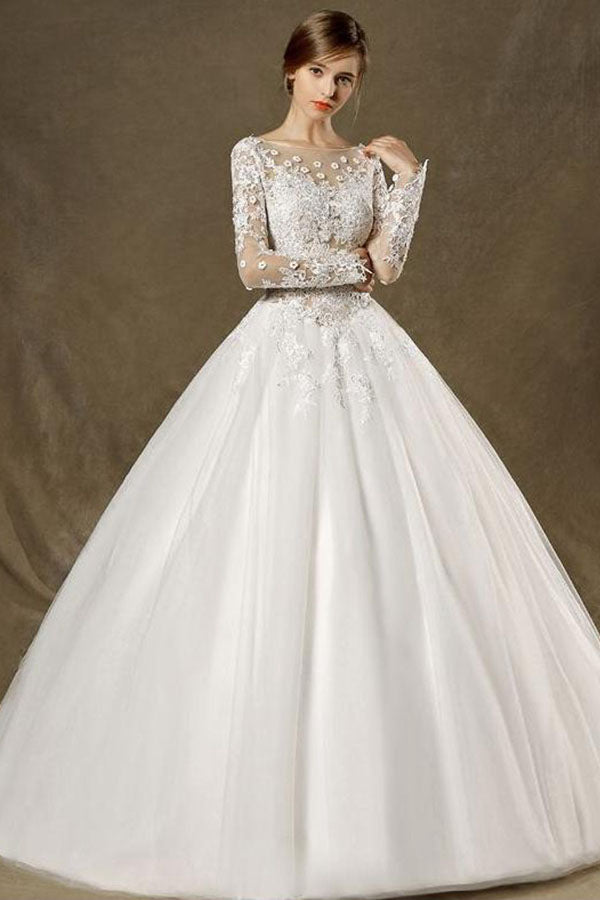 Ball-Gown Chapel Train Scoop Neck Lace Wedding Dress with Long Sleeves ...