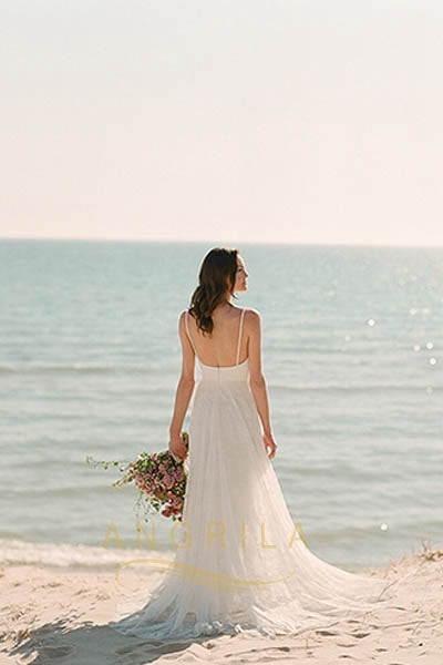 A Line Princess V Neck Spaghetti Straps Beach Wedding Dress – Angrila