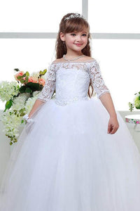Ball-Gown Off-the-Shoulder Ivory Flower Girl Dress with 1/2 Sleeves ...