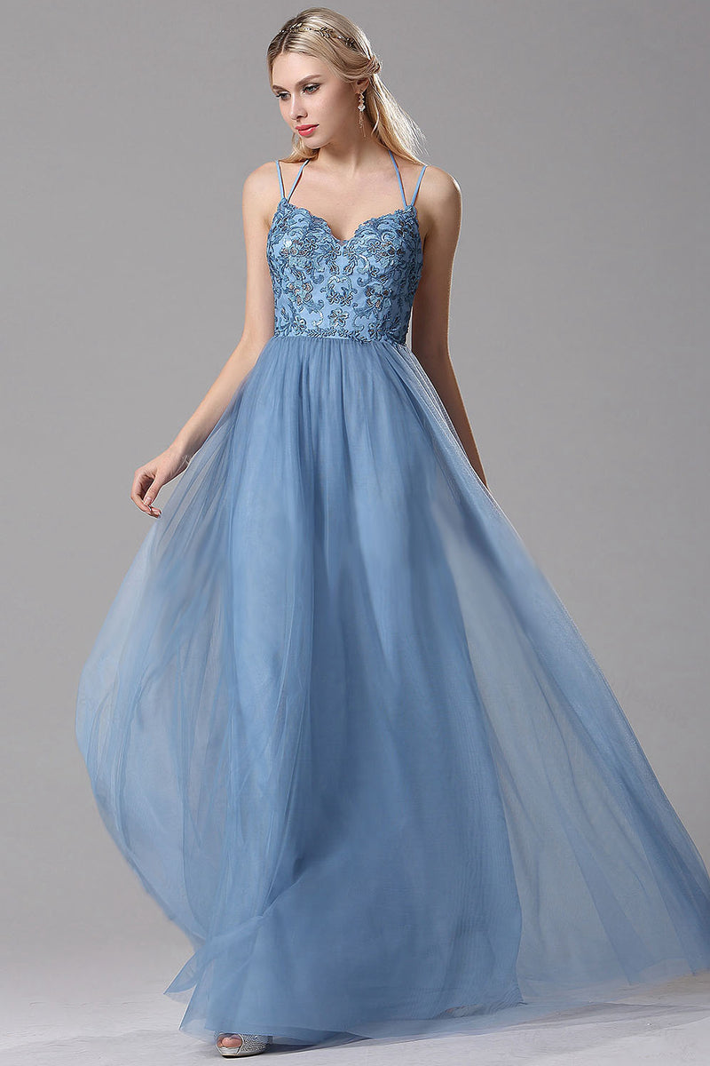 A Line Sky Blue Lace Tulle Long Prom Dresses With Floral Lace And Spag Angrila 