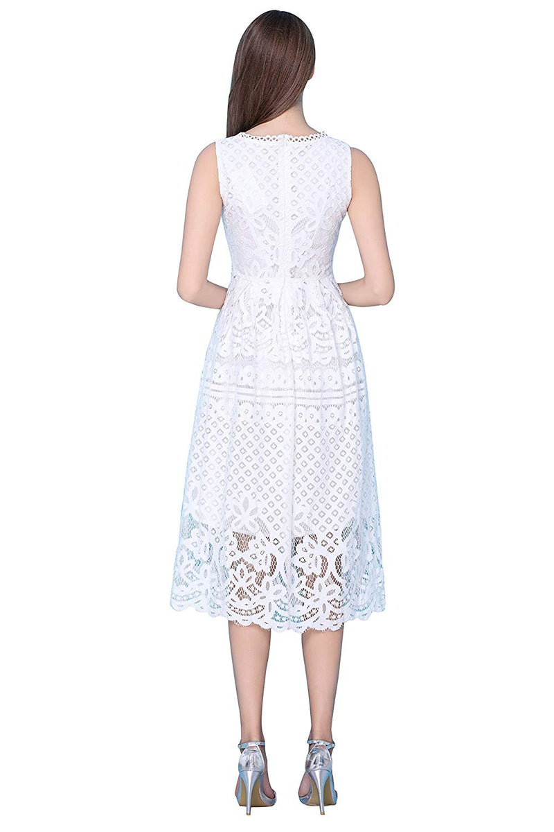 White Lace Sleeveless Tea Length Prom Dresses – Angrila