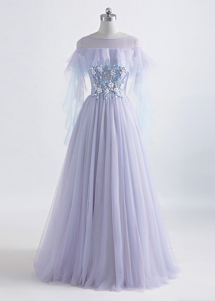 A-Line/Princess Tulle Jewel Floor-length Prom Dress With Beaded Lace A ...