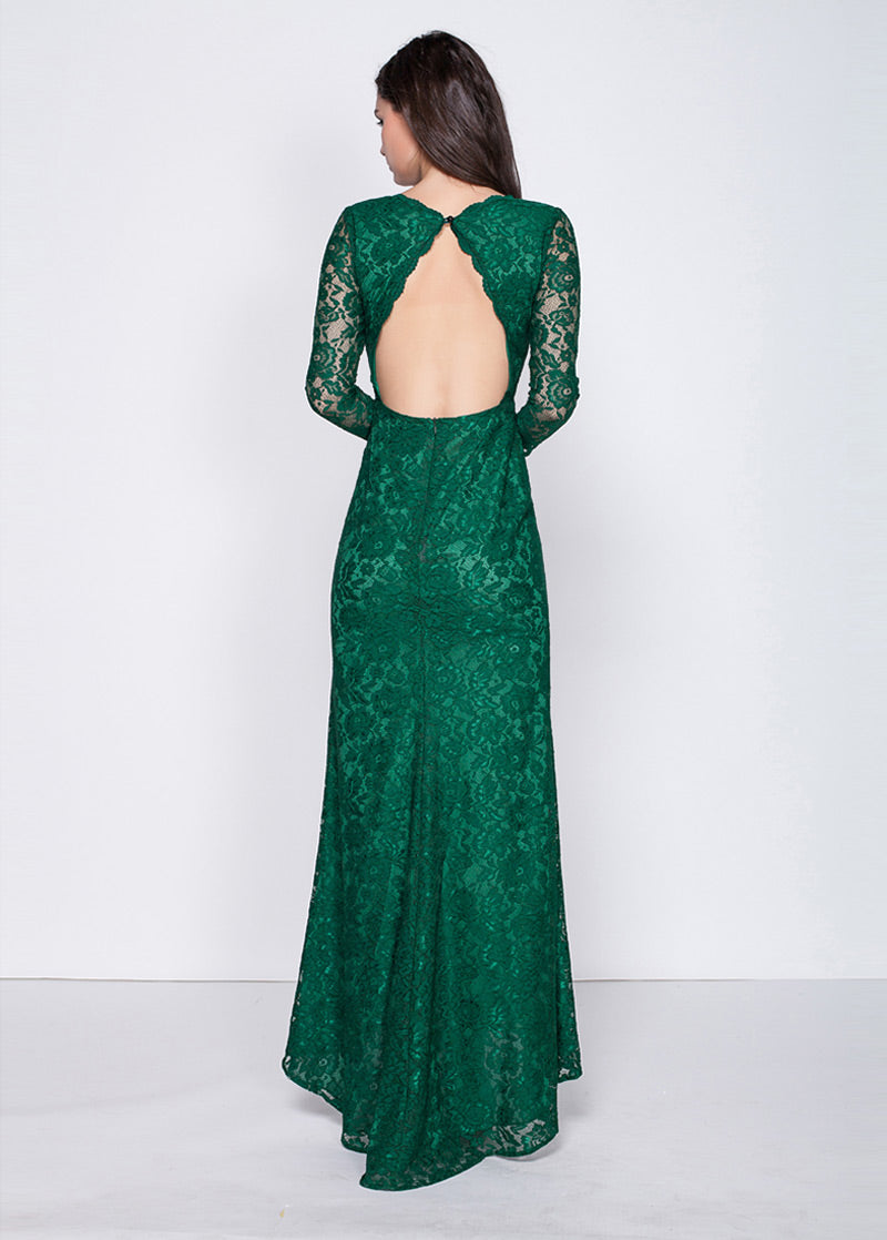 A-Line/Princess Green Floor-Length Lace Long Sleeves Evening Dresses ...