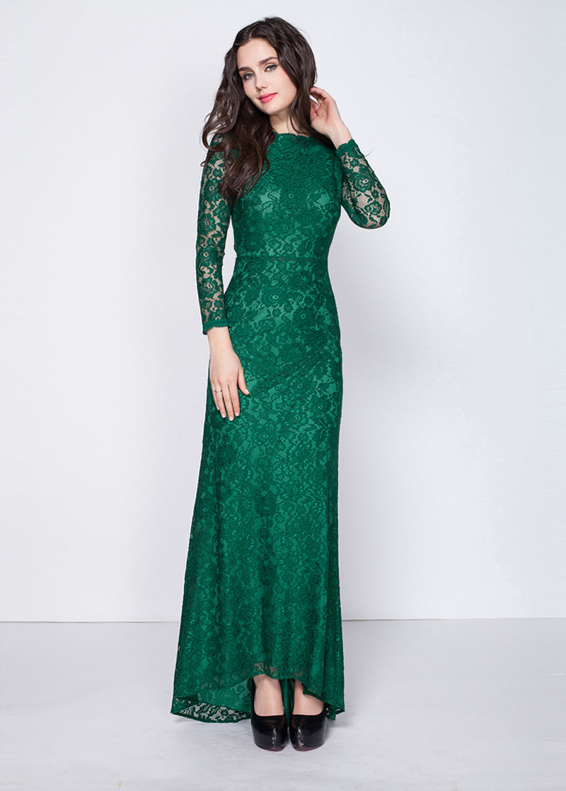 A-Line/Princess Green Floor-Length Lace Long Sleeves Evening Dresses ...