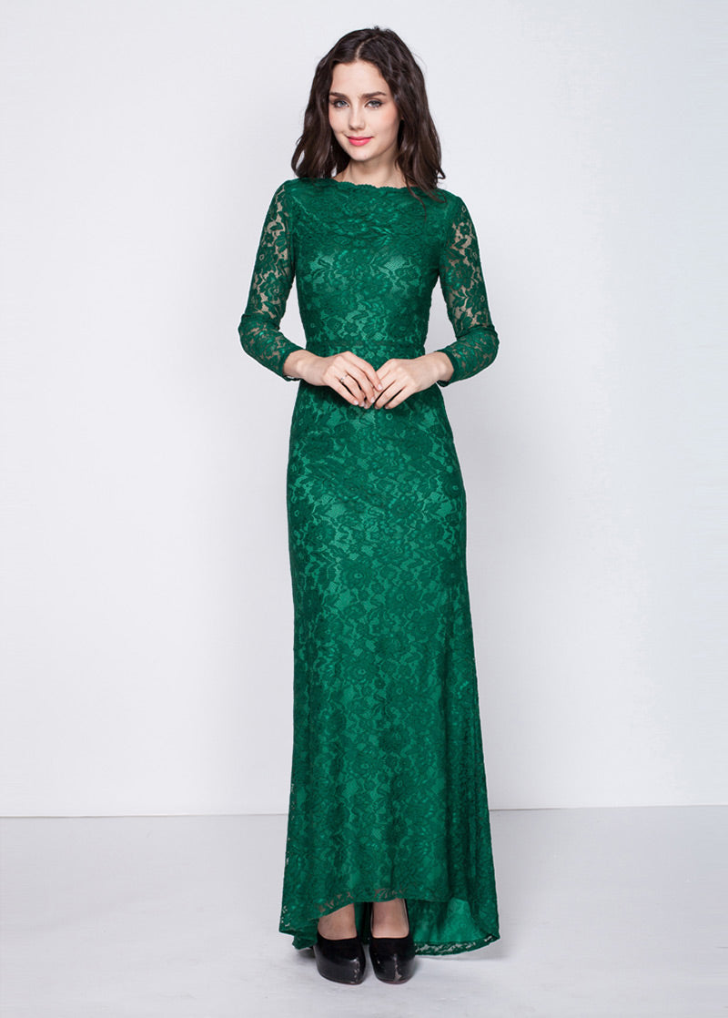 A-Line/Princess Green Floor-Length Lace Long Sleeves Evening Dresses ...