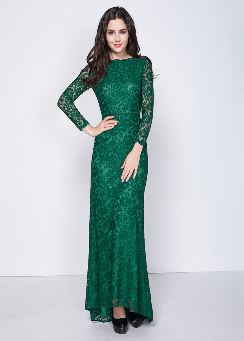 A-Line/Princess Green Floor-Length Lace Long Sleeves Evening Dresses ...